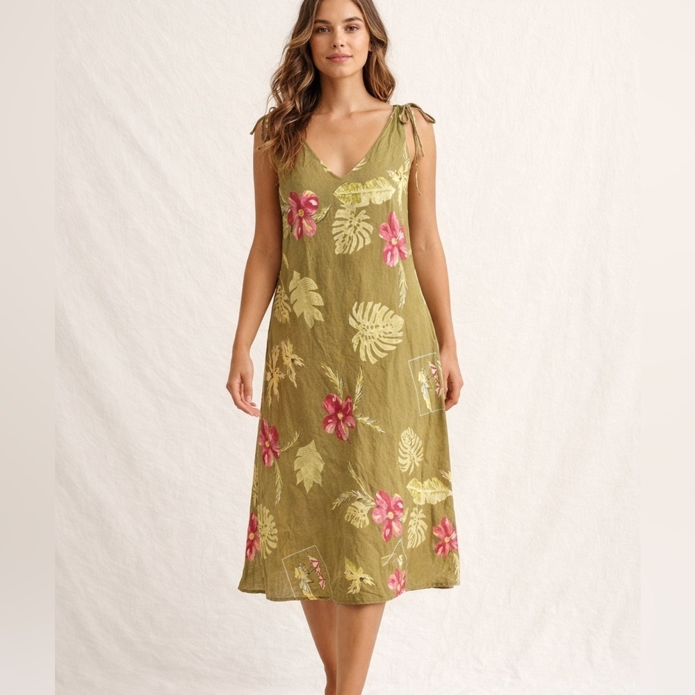 John Paul Richard Vintage 90s Linen Floral Midi Dress M Forest Fairy Tropical